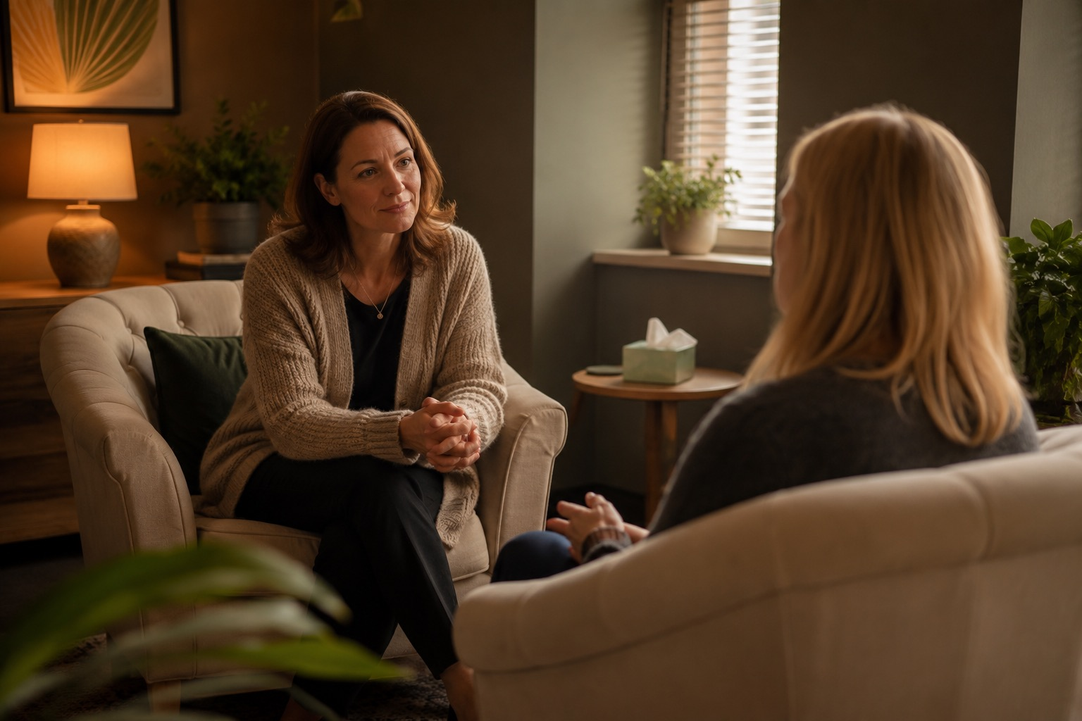 Two women listening and reflecting in a supportive conversation
