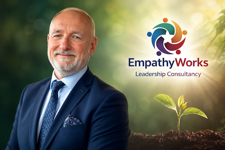 EmpathyWorks branded portrait with a growing seedling