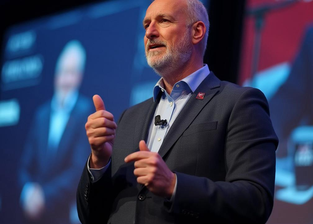A speaker addressing a leadership event