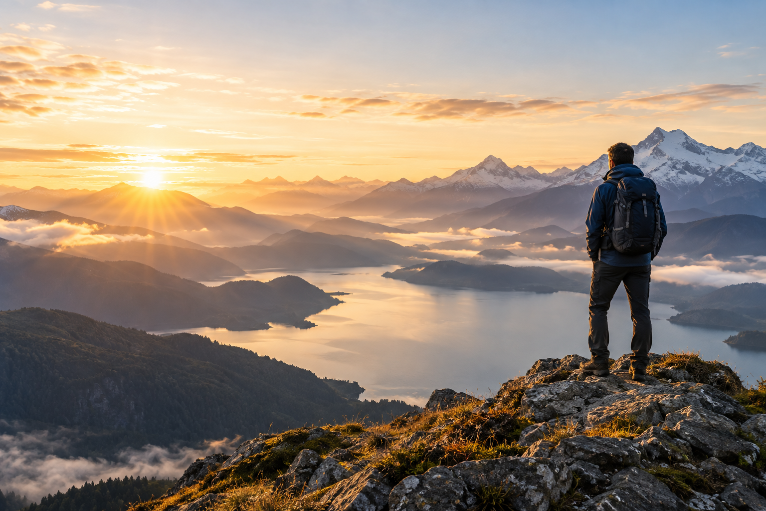A hiker overlooking a mountain lake at sunrise
